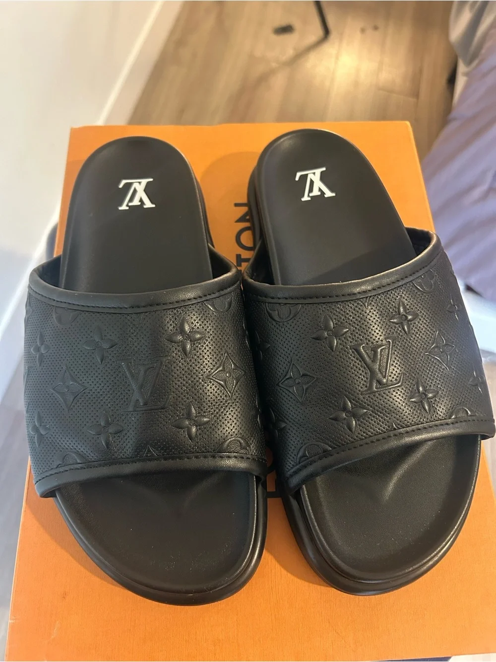 Louis Vuitton Black Embossed Monogram Slide Sandals